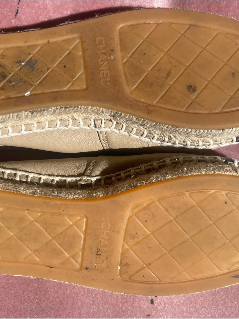 CHANEL Beige Leather Espadrille Flats with Black Cap Toe